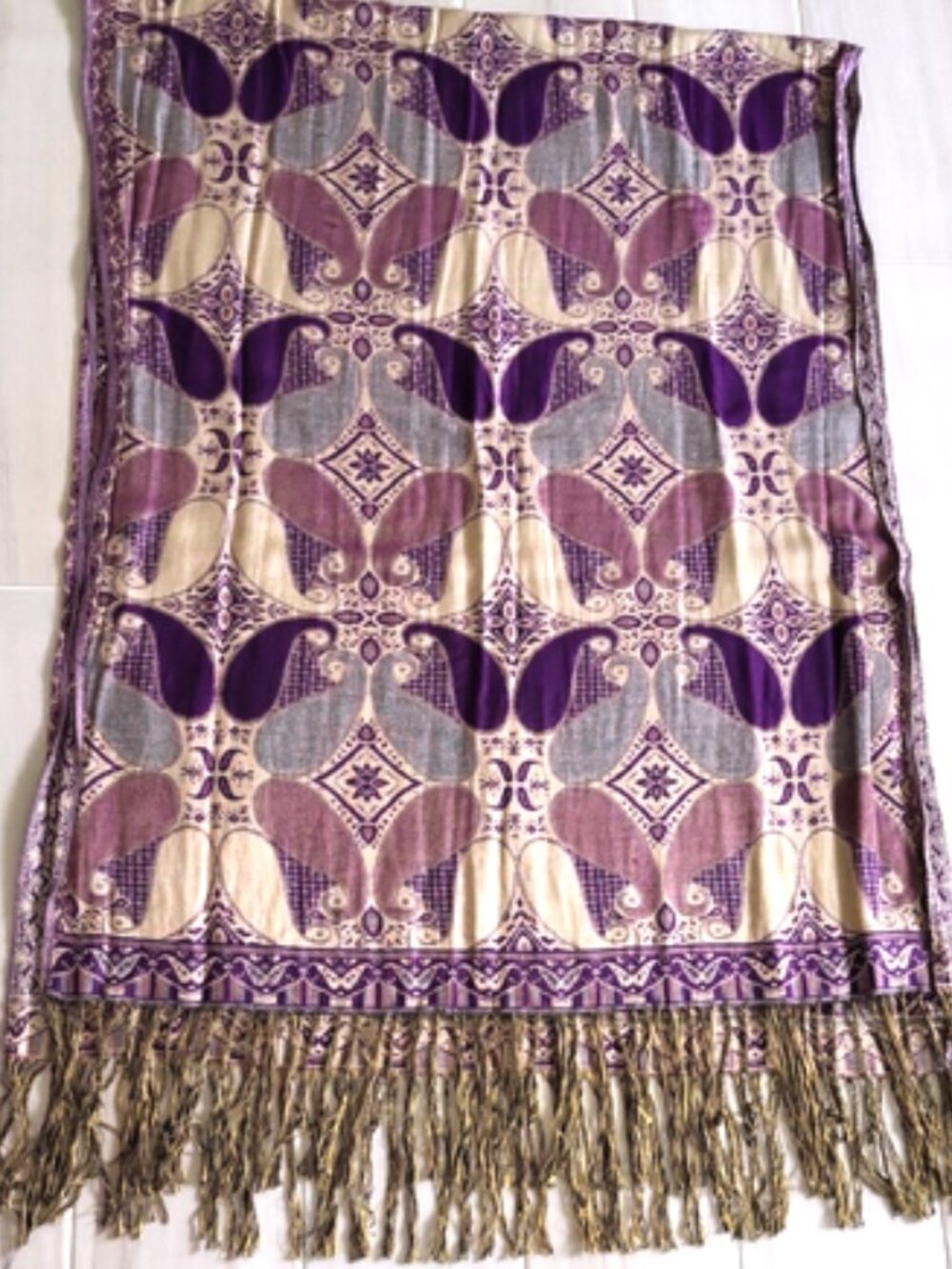 Pashmina 100% 69" x 27" Elegant Purple Beige Gold Patterned Women's Shawl Scarf
